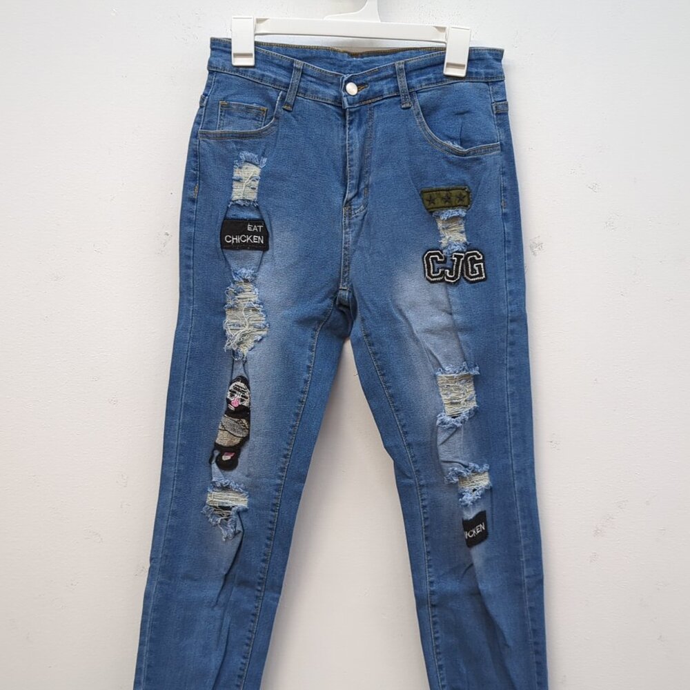 Stretchy Ripped Biker Embroidery Print Destroyed Hole Slim Denim Size 28 Blue